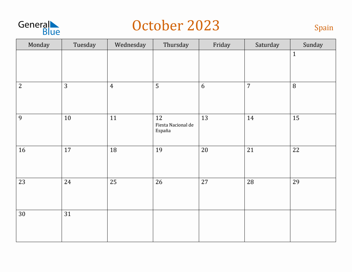 Free October 2023 Spain Calendar