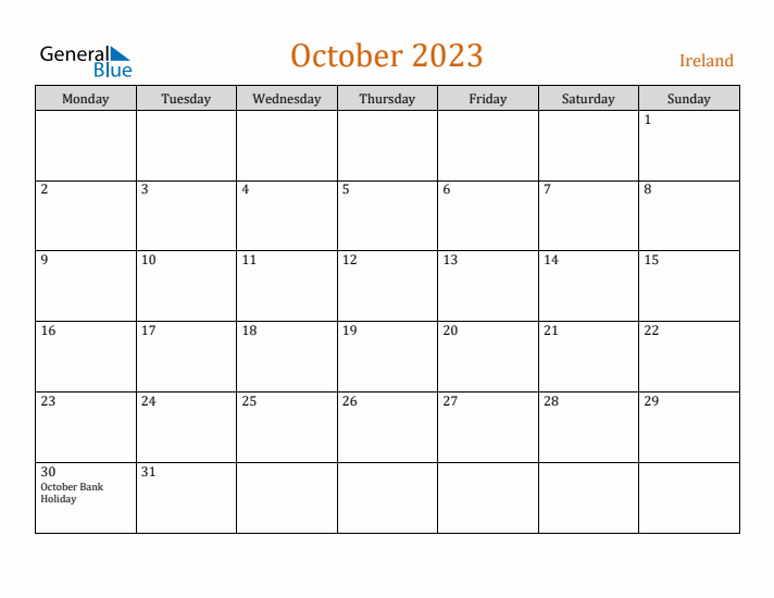 October 2023 Holiday Calendar with Monday Start
