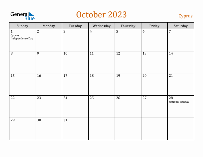 October 2023 Holiday Calendar with Sunday Start