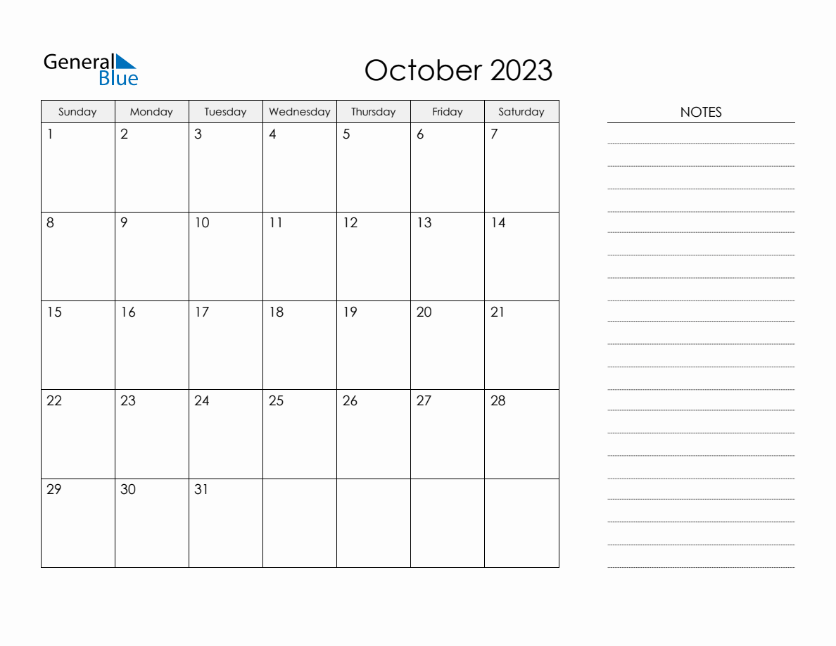 Printable Monthly Calendar with Notes October 2023