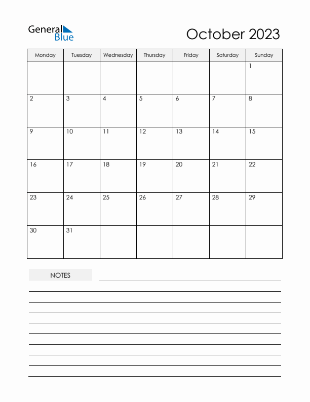 Printable Calendar with Notes - October 2023 
