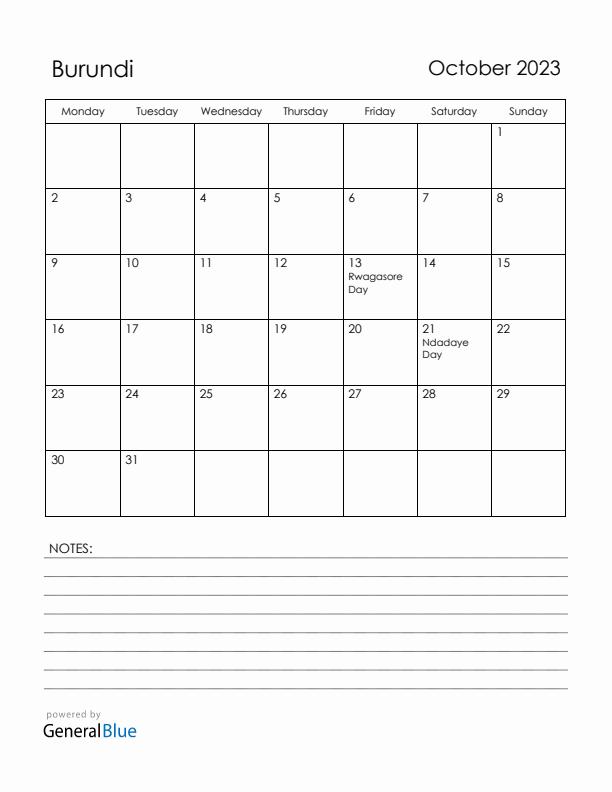 October 2023 Burundi Calendar with Holidays (Monday Start)