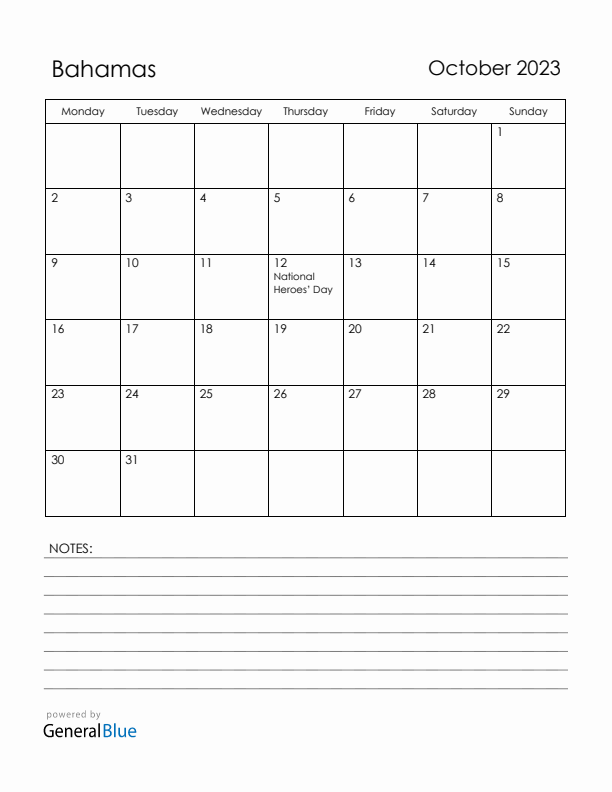 October 2023 Bahamas Calendar with Holidays (Monday Start)