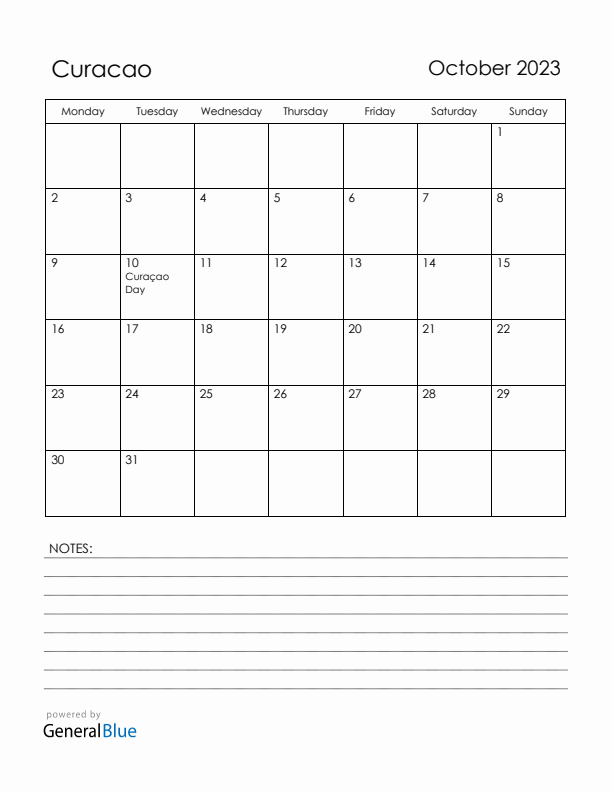 October 2023 Curacao Calendar with Holidays (Monday Start)