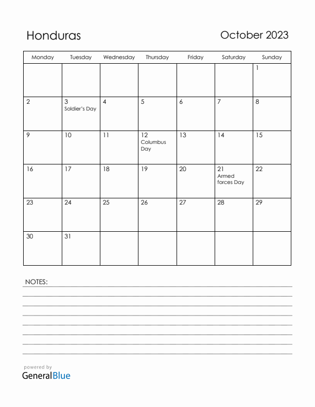 October 2023 Honduras Calendar with Holidays (Monday Start)