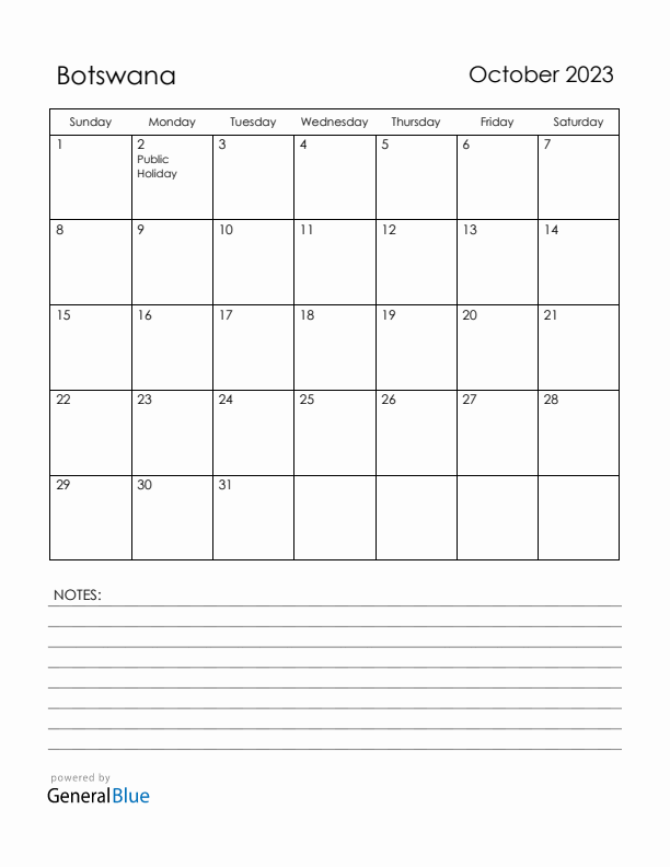 October 2023 Botswana Calendar with Holidays (Sunday Start)