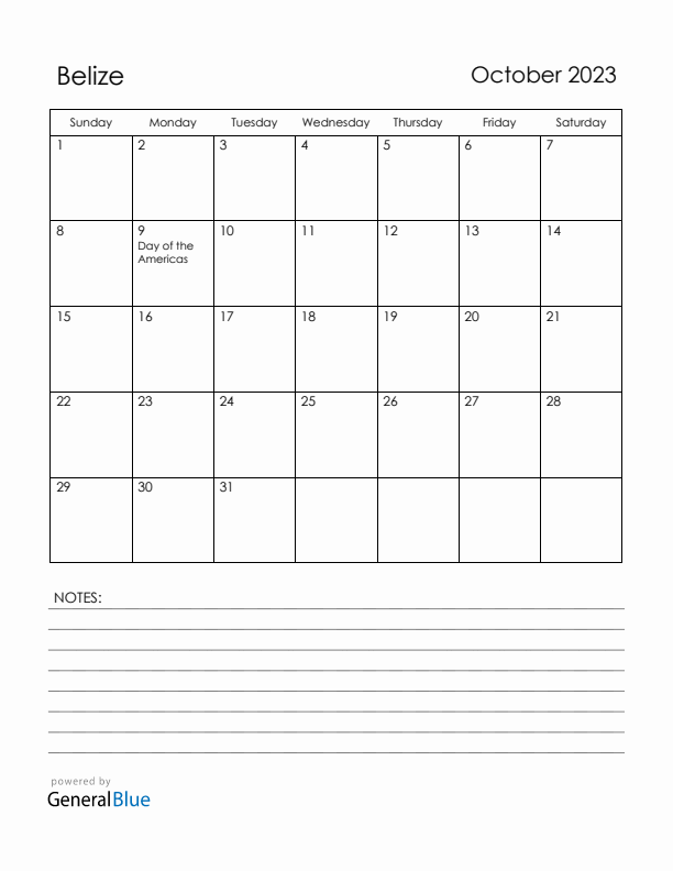 October 2023 Belize Calendar with Holidays (Sunday Start)