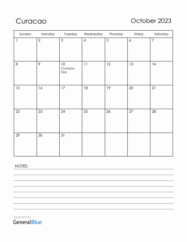 October 2023 Curacao Calendar with Holidays (Sunday Start)