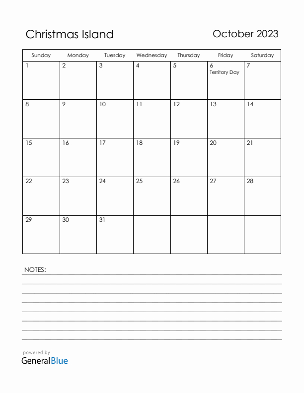 October 2023 Christmas Island Calendar with Holidays (Sunday Start)
