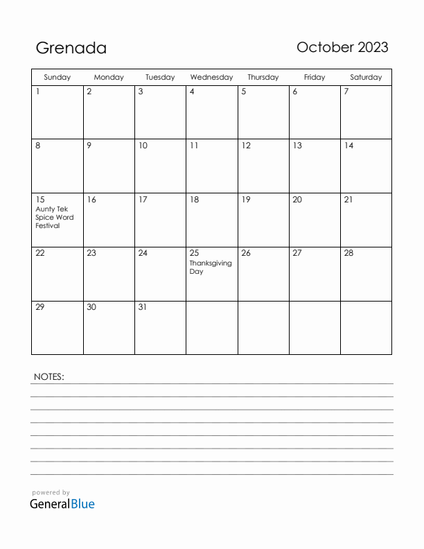 October 2023 Grenada Calendar with Holidays (Sunday Start)