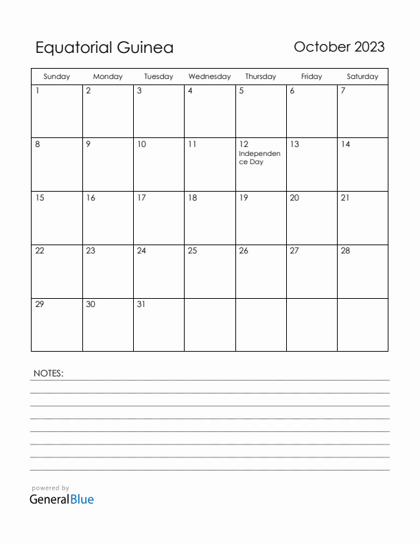 October 2023 Equatorial Guinea Calendar with Holidays (Sunday Start)