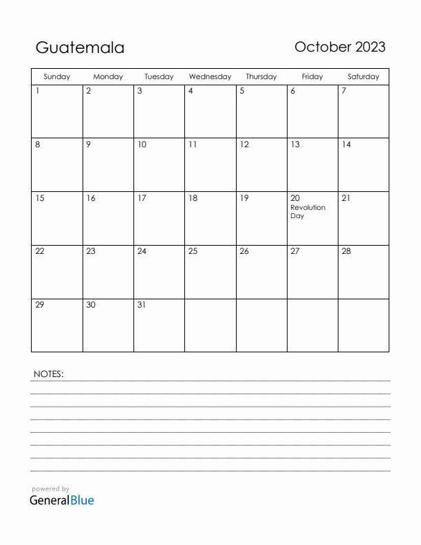 October 2023 Guatemala Calendar with Holidays (Sunday Start)
