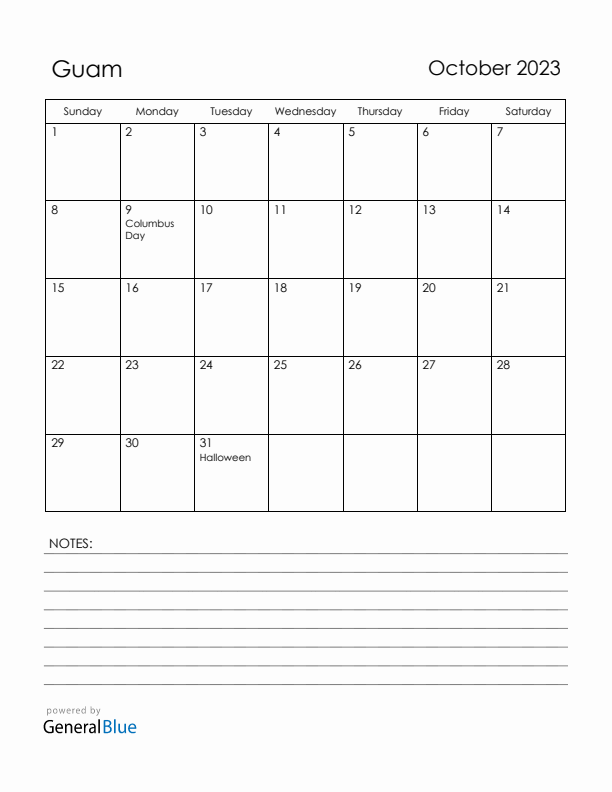 October 2023 Guam Calendar with Holidays (Sunday Start)