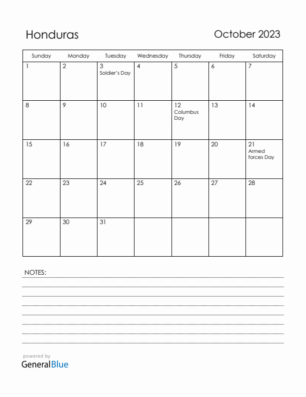 October 2023 Honduras Calendar with Holidays (Sunday Start)