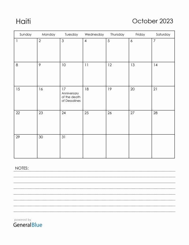 October 2023 Haiti Calendar with Holidays (Sunday Start)