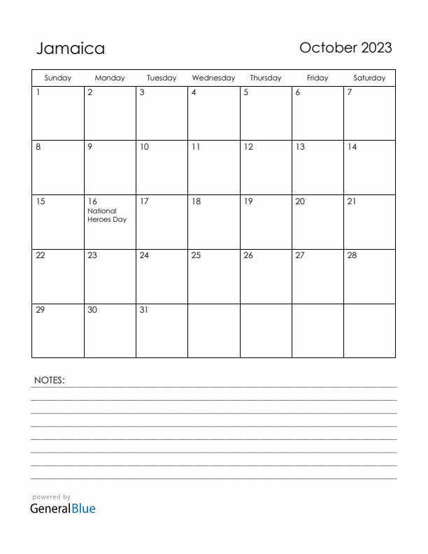 October 2023 Jamaica Calendar with Holidays (Sunday Start)