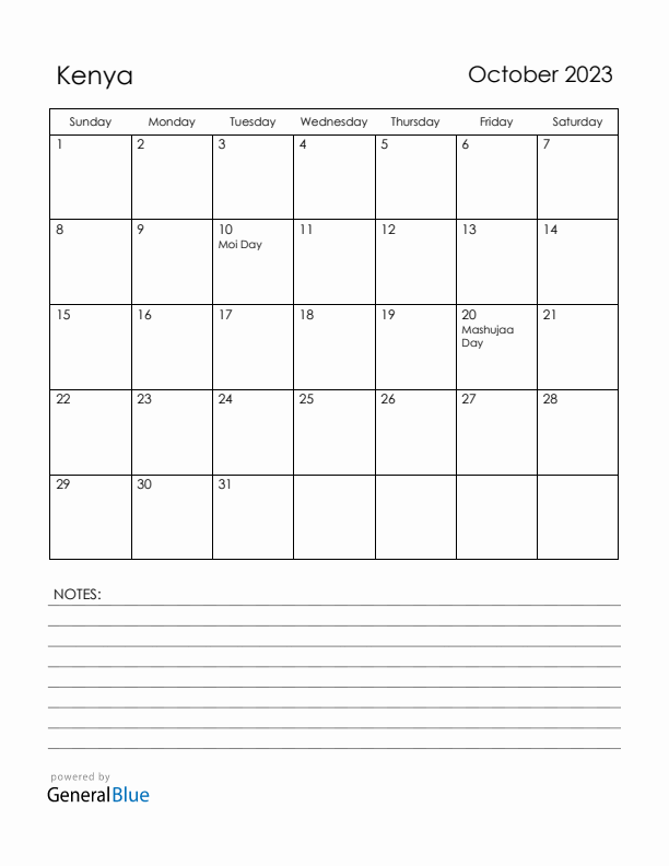 October 2023 Kenya Calendar with Holidays (Sunday Start)