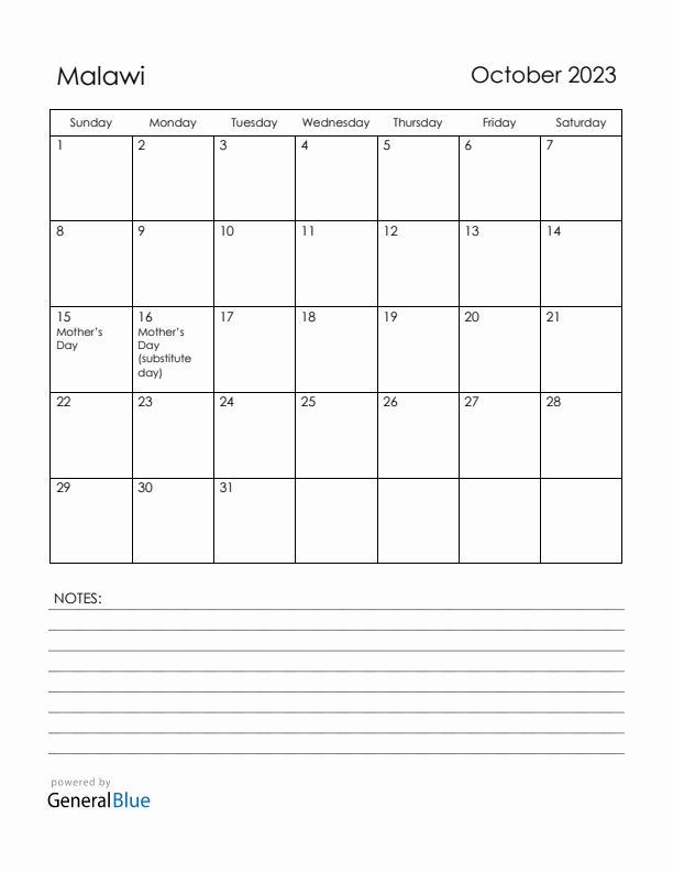 October 2023 Malawi Calendar with Holidays (Sunday Start)