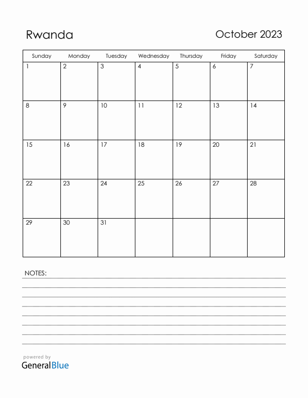 October 2023 Rwanda Calendar with Holidays (Sunday Start)