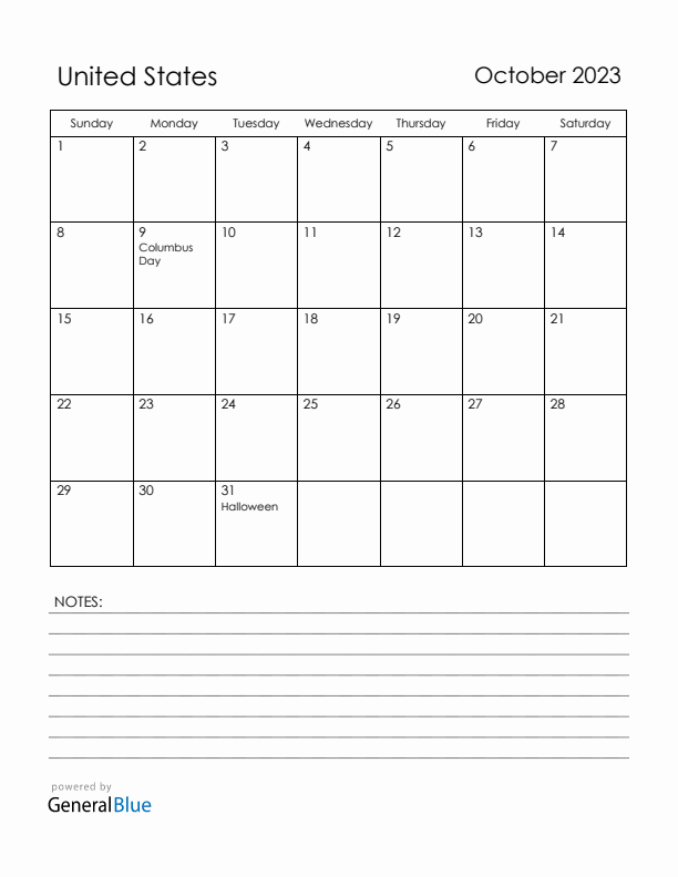 October 2023 United States Calendar with Holidays (Sunday Start)