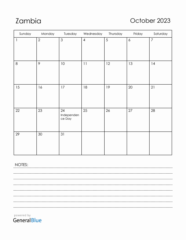 October 2023 Zambia Calendar with Holidays (Sunday Start)