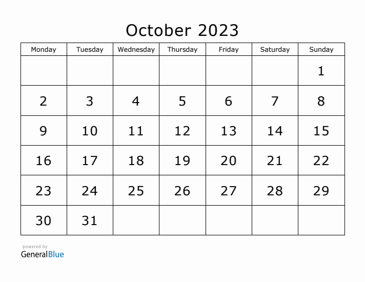 Printable October 2023 Calendar - Monday Start