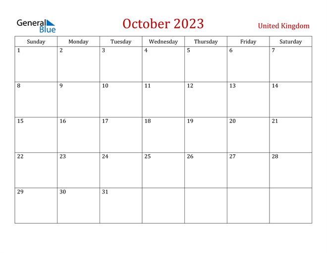 United Kingdom October 2023 Calendar