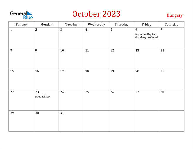 Hungary October 2023 Calendar