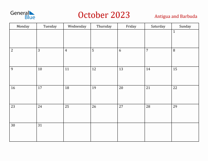 Antigua and Barbuda October 2023 Calendar - Monday Start