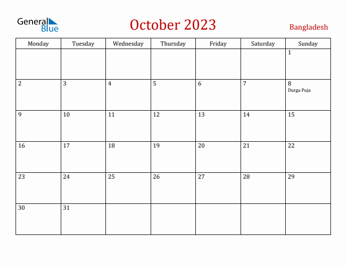Bangladesh October 2023 Calendar - Monday Start