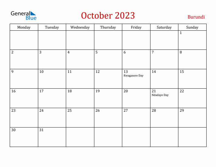 Burundi October 2023 Calendar - Monday Start