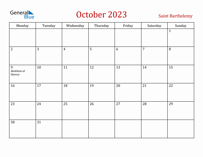 Saint Barthelemy October 2023 Calendar - Monday Start
