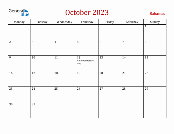 Bahamas October 2023 Calendar - Monday Start