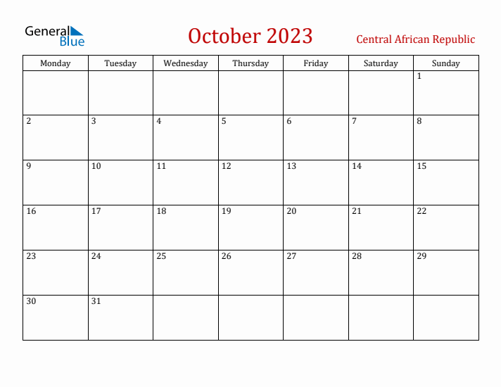 Central African Republic October 2023 Calendar - Monday Start