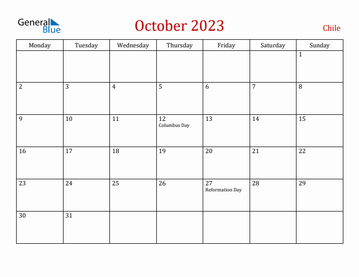 Chile October 2023 Calendar - Monday Start