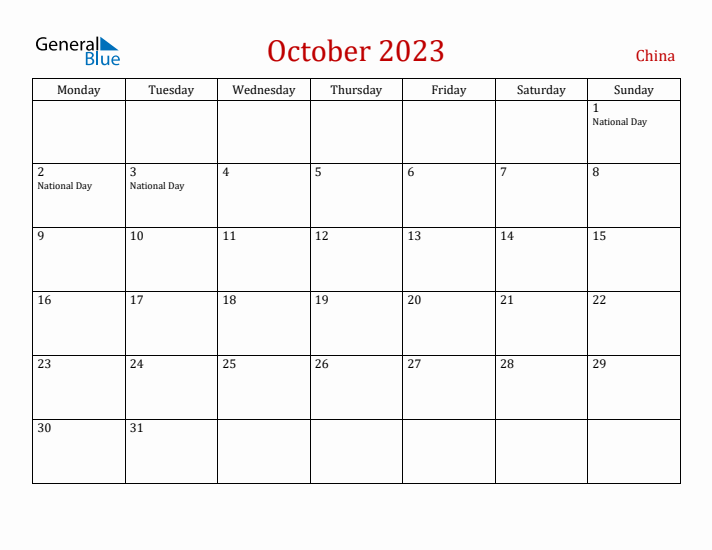 China October 2023 Calendar - Monday Start