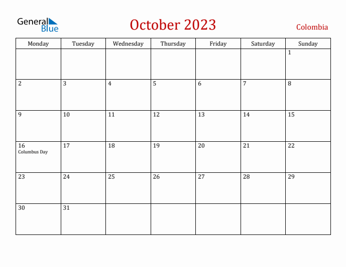 Colombia October 2023 Calendar - Monday Start