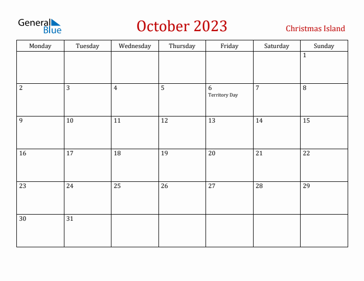 Christmas Island October 2023 Calendar - Monday Start