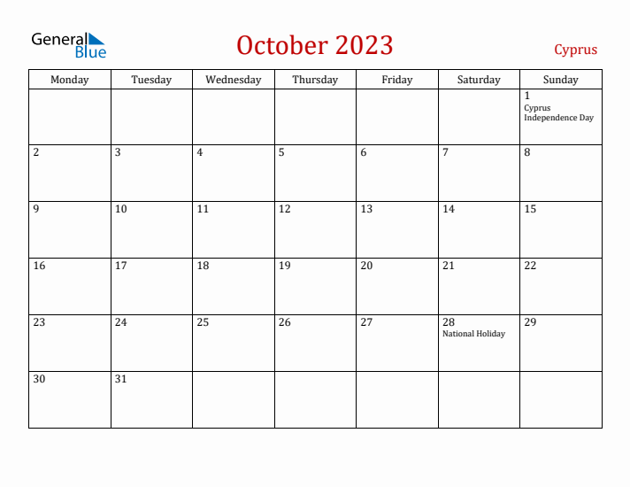 Cyprus October 2023 Calendar - Monday Start
