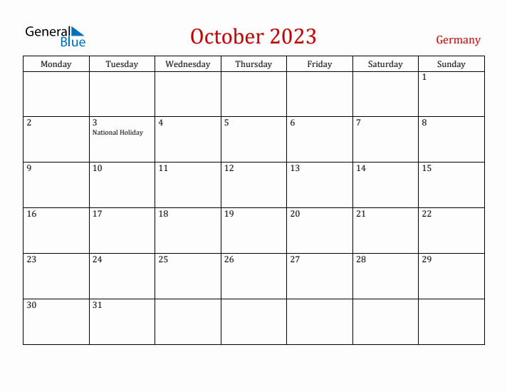 Germany October 2023 Calendar - Monday Start