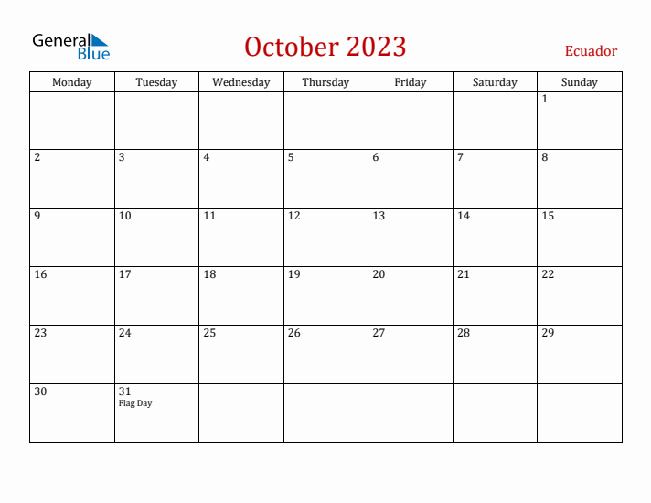 Ecuador October 2023 Calendar - Monday Start