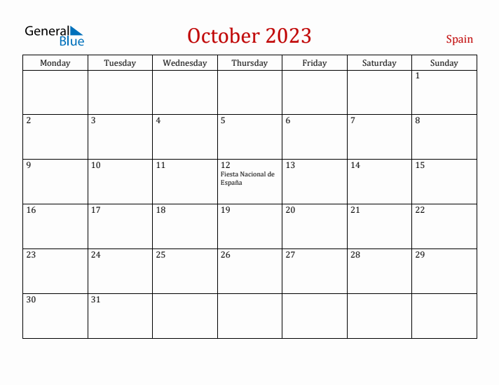 Spain October 2023 Calendar - Monday Start