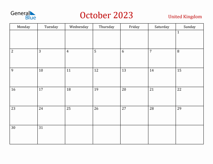 United Kingdom October 2023 Calendar - Monday Start