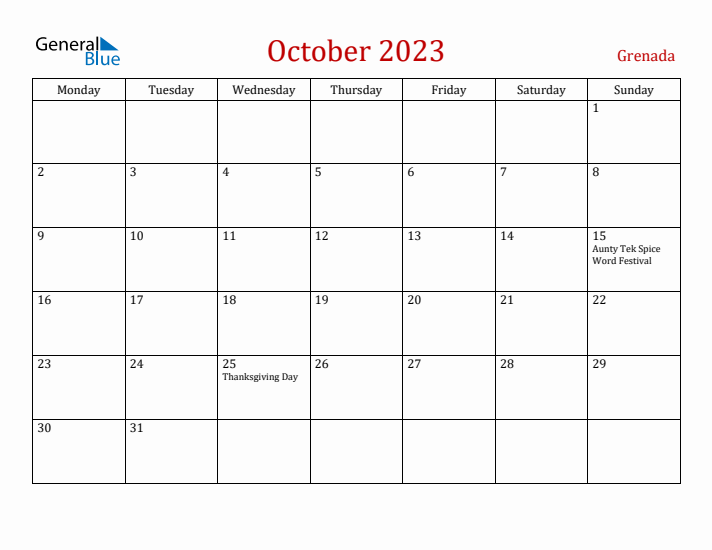 Grenada October 2023 Calendar - Monday Start