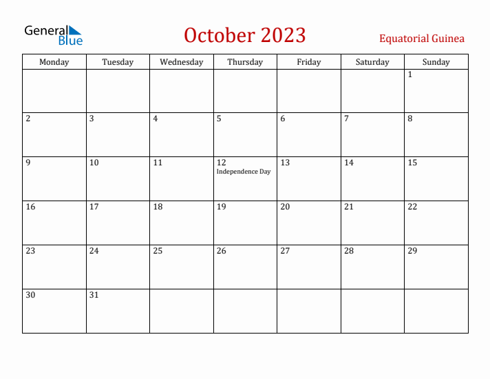 Equatorial Guinea October 2023 Calendar - Monday Start