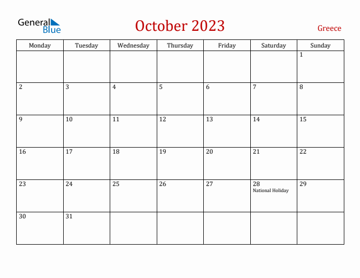 Greece October 2023 Calendar - Monday Start