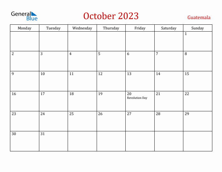 Guatemala October 2023 Calendar - Monday Start