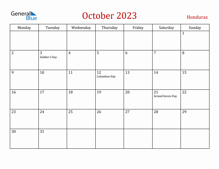 Honduras October 2023 Calendar - Monday Start