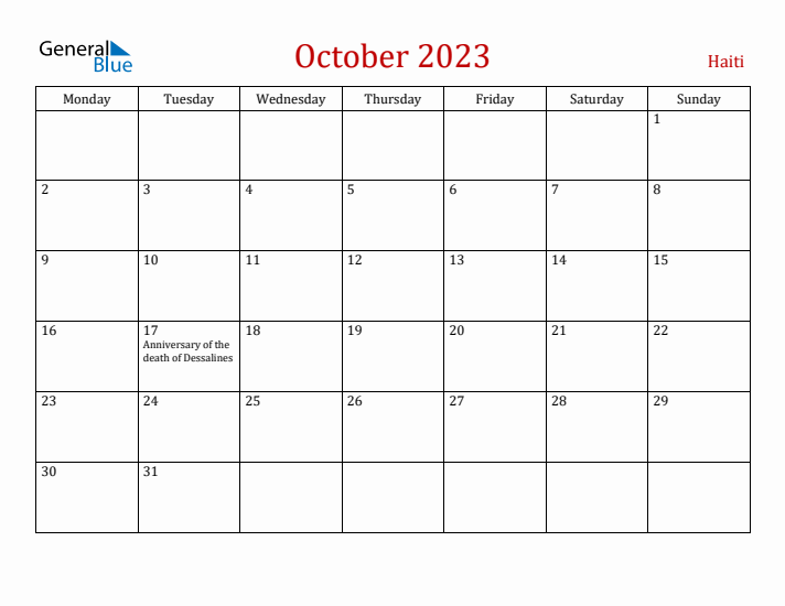 Haiti October 2023 Calendar - Monday Start