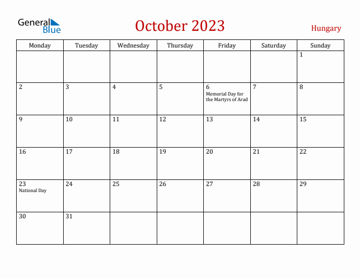 Hungary October 2023 Calendar - Monday Start